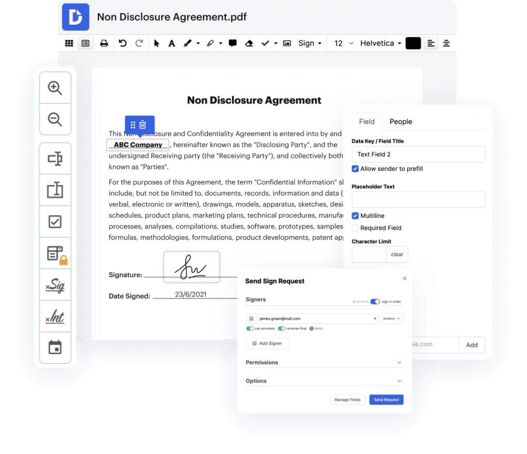 This image is a screenshot of DocHub's interface showing how to fill out fillable PDF forms