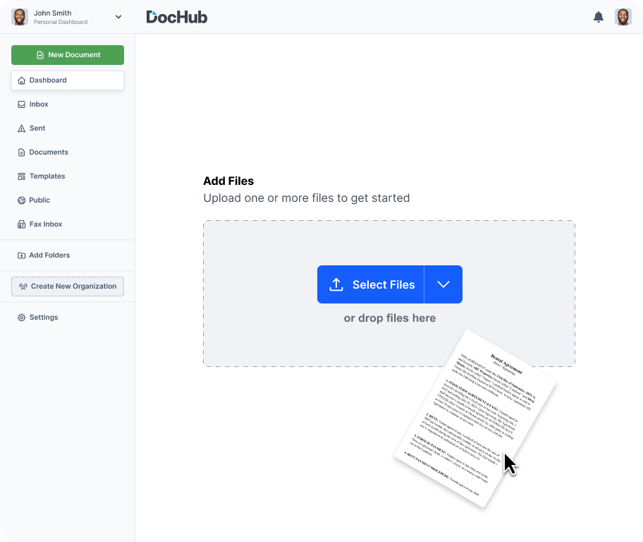 This image is a screenshot of DocHub interface showing how to upload your document in DocHub