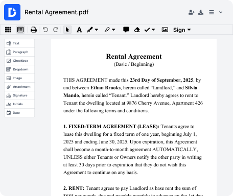 DocHub document editor showing an example document opened with checkboxes, and eSignature tools in the editing toolbar.