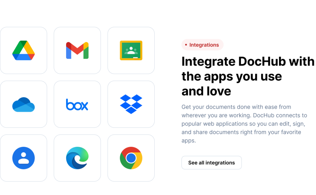 DocHub integrations screen showing icons for Google Drive, Gmail, Google Classroom, OneDrive, Box, Dropbox, Microsoft Edge, and Google Chrome.