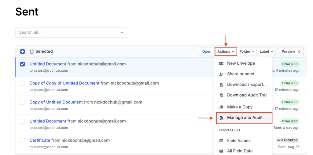 Actions drop-down menu with Manage and Audit option.
