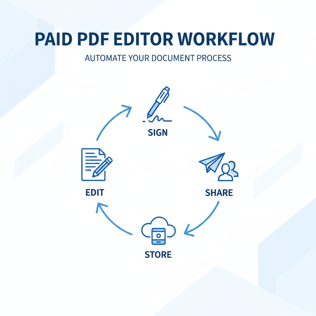 Illustration of paid PDF editor workflow: edit, sign, share, and store your documents.