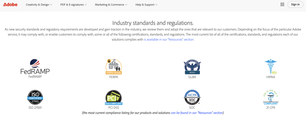 Screenshot: Adobe security page detailing industry standards and regulations (for demonstration purposes).