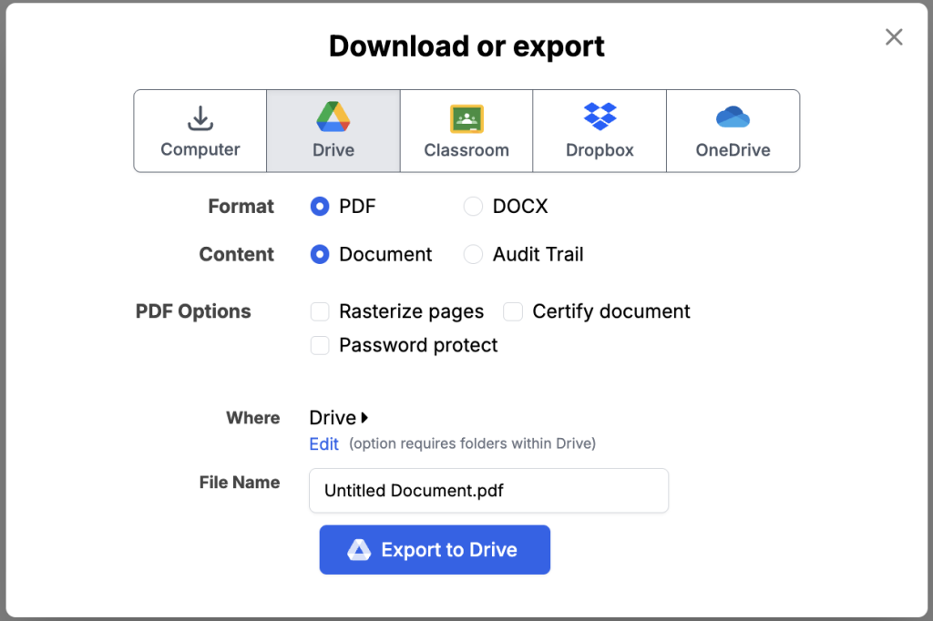 The document export dialog in DocHub with options to download or export files to Google Drive, Dropbox, OneDrive, or computer, including PDF and DOCX format selection.