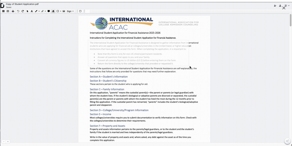 DocHub’s PDF editor interface displaying an international student application document with tools for viewing, editing, and redacting content.