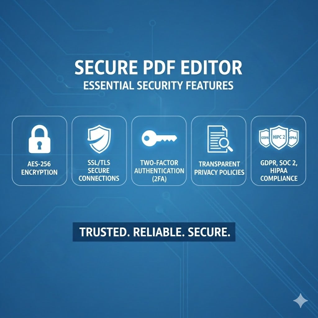 An infographic highlighting essential security features for an online PDF editor, including data encryption, two-factor authentication, transparent privacy policies, and compliance with global data protection standards like GDPR, SOC 2, and HIPAA.