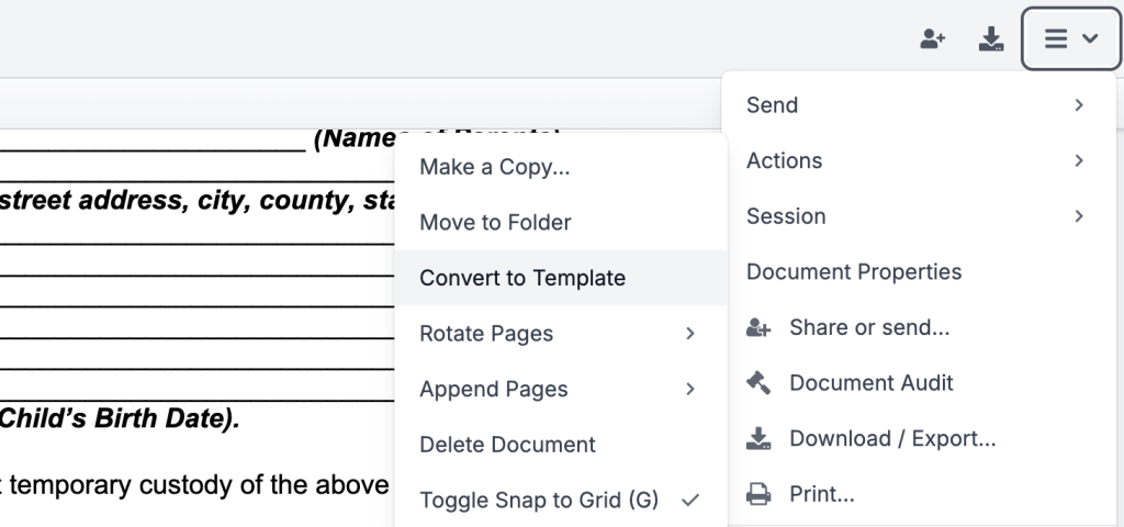 To turn your DocHub document into a template, click Menu -> Actions -> Convert to Template
