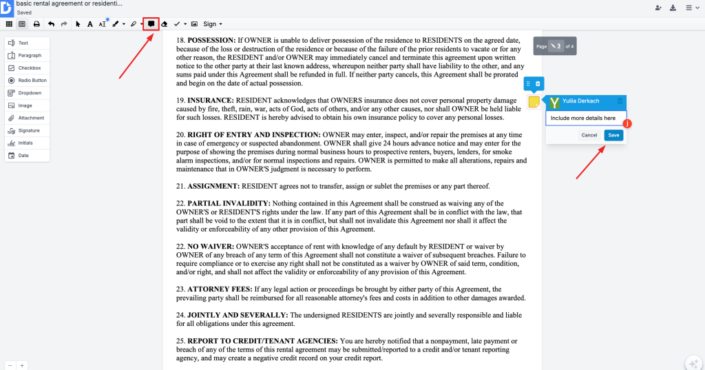 A screenshot of the DocHub editor interface shows a rental agreement. The toolbar at the top features options for text, highlighting, comments, and drawing. A red square and arrow emphasize the comment icon, and a floating comment box with "Save" and "Cancel" buttons is open beside a section of the agreement.