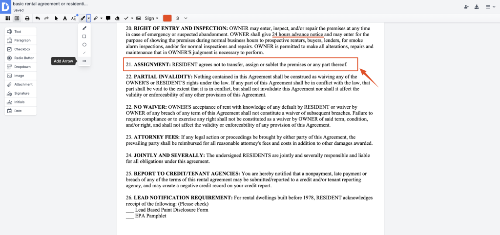 Screenshot of a rental agreement in the DocHub editor. The top toolbar shows editing tools, with the "Draw Freehand" dropdown menu open. This menu includes options for drawing on the PDF and adding shapes like circles, rectangles, lines, and arrows. On the document, a red line, rectangle, and arrow highlight important sections.