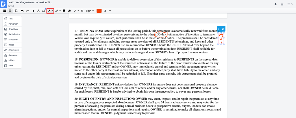 A screenshot of the DocHub editor, showing a rental agreement. At the top, a toolbar of editing tools is visible, with the pen tool selected and highlighted by a red box. On the document itself, a hand-drawn red circle has been used to highlight the phrase "a 30-day." Next to this circled text, an orange question mark icon serves as an annotation, enclosed within a blue bounding box that features resizing handles and options to move or delete it.