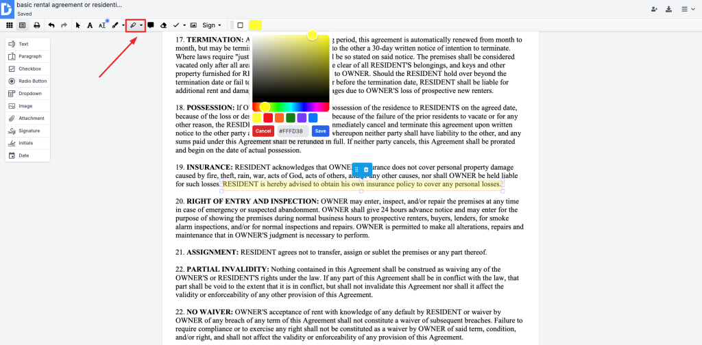 Screenshot of the DocHub editor interface showing a rental agreement document being edited. The toolbar at the top includes options like text, highlight, comment, and drawing tools. A yellow highlight is applied to a clause, with a blue boundary box and trash icon indicating the highlight is selected. A color picker pop-up is displayed, offering preset colors, a hex code input field, and save/cancel buttons.