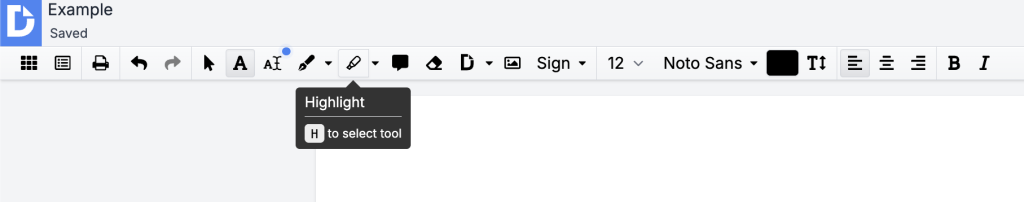 DocHub PDF editor toolbar showing the Highlight tool chosen for application to a document.