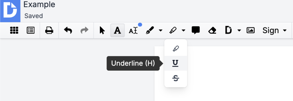 DocHub PDF editor toolbar showing the annotation options under the Highlight tool, with the Underline tool selected.
