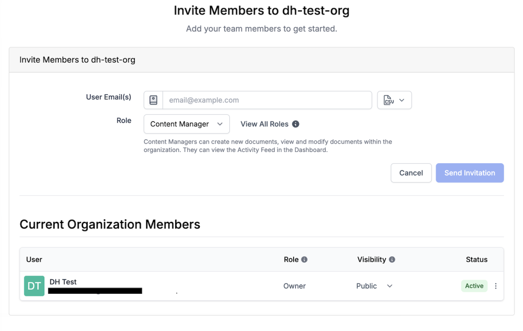 Screenshot: The step to invite members to you organization.