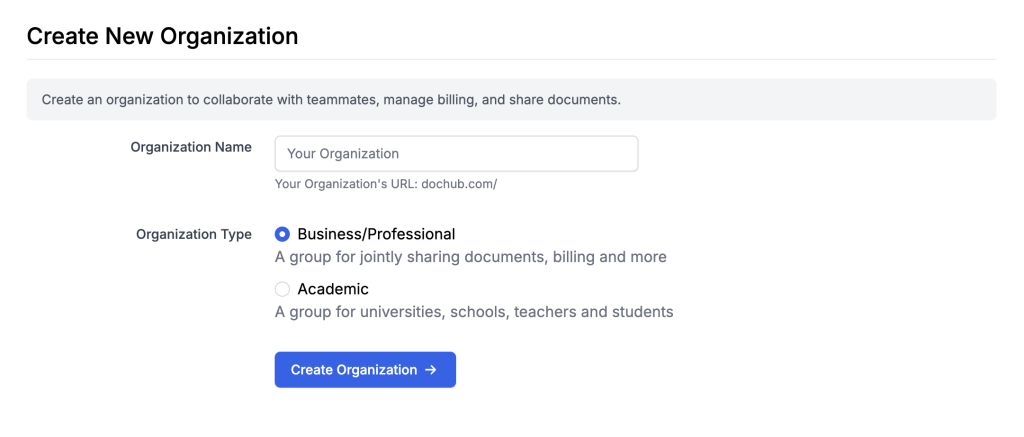 Screenshot: DocHub's interface showcasing the step to create an organization.