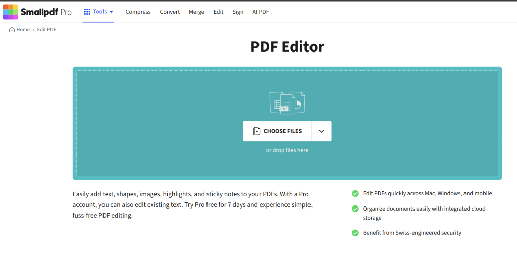 Smallpdf PDF Editor page with a file upload area and tools for adding text, shapes, images, highlights, and notes, plus Pro features for editing existing PDF text.