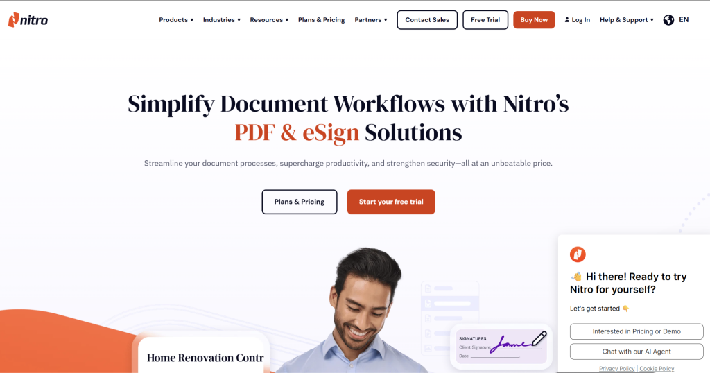 Nitro homepage promoting PDF and eSign solutions for document workflows, with options to view pricing, start a free trial, and access AI-assisted support.