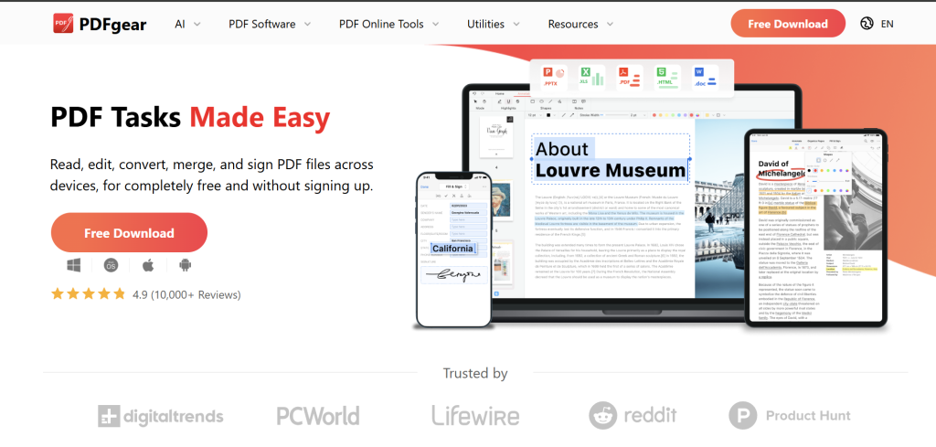 PDFgear homepage promoting free PDF tools for reading, editing, converting, merging, and signing documents across desktop and mobile devices.