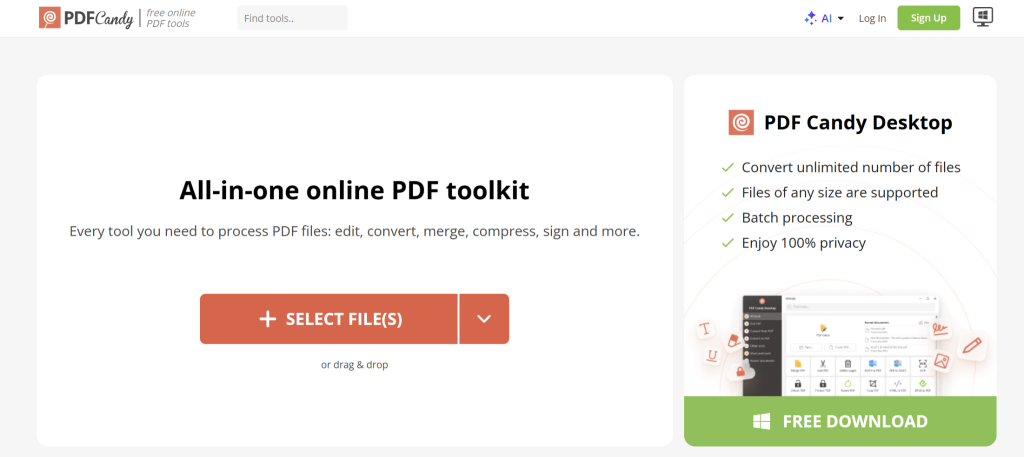 PDF Candy online PDF toolkit homepage with tools for editing, converting, merging, compressing, and signing PDFs, plus a separate PDF Candy Desktop download option.