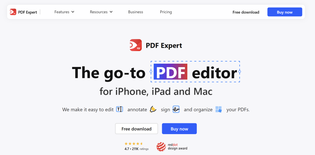 PDF Expert homepage promoting a PDF editor for iPhone, iPad, and Mac with tools to edit, annotate, sign, and organize PDF documents.