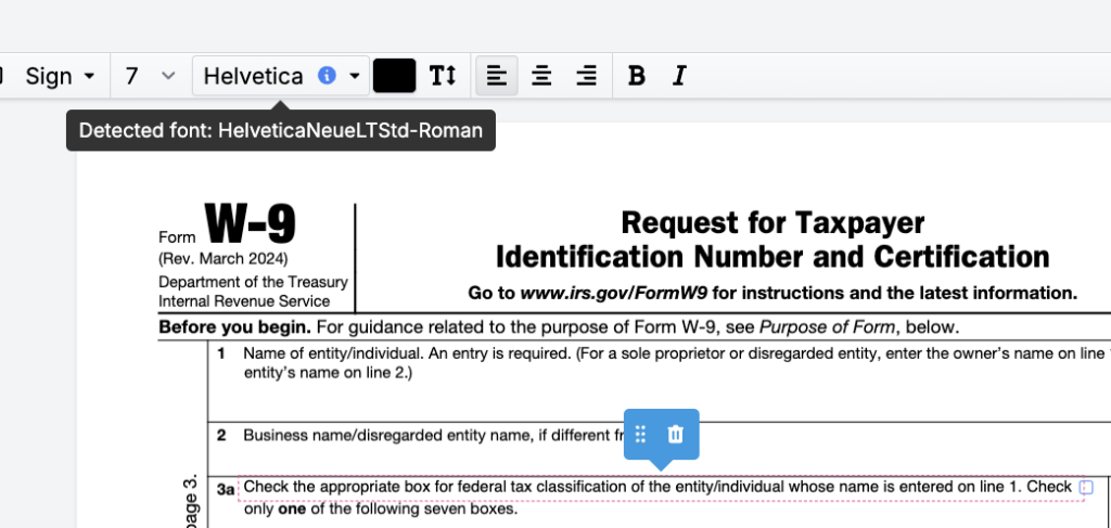 A fragment of editable text highlighted in DocHub PDF editor, together with text formatting toolbar and font selection (Helvetica).