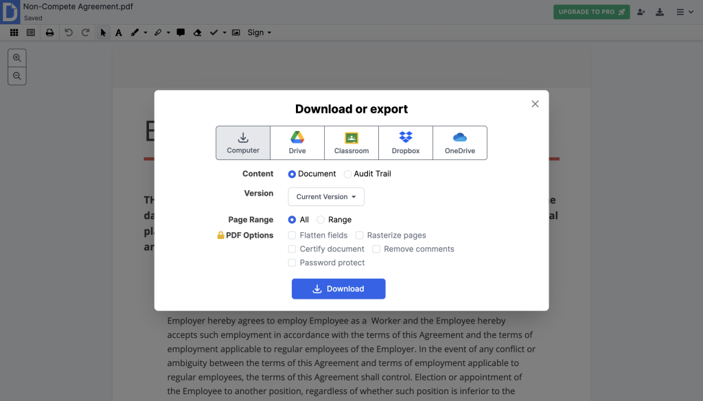 DocHub download or export dialog showing options to save a PDF to the computer, Google Drive, Dropbox, or OneDrive with export settings.