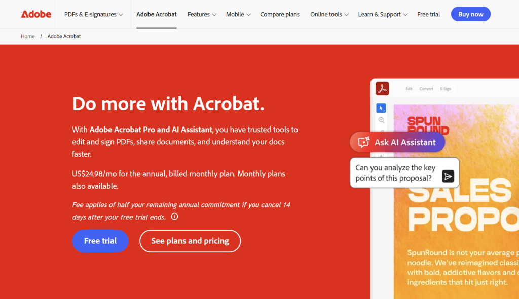 Adobe Acrobat homepage promoting Acrobat Pro and AI Assistant for editing, signing, sharing, and analyzing PDF documents, with free trial and pricing options.
