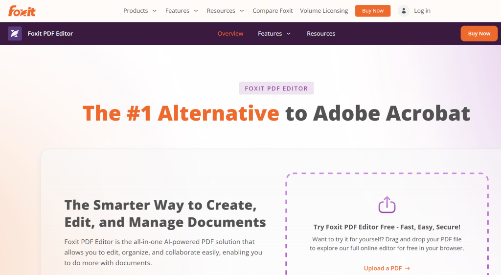 Foxit PDF Editor homepage promoting its AI-powered PDF solution for creating, editing, organizing, collaborating on, and managing documents, with a browser upload option.