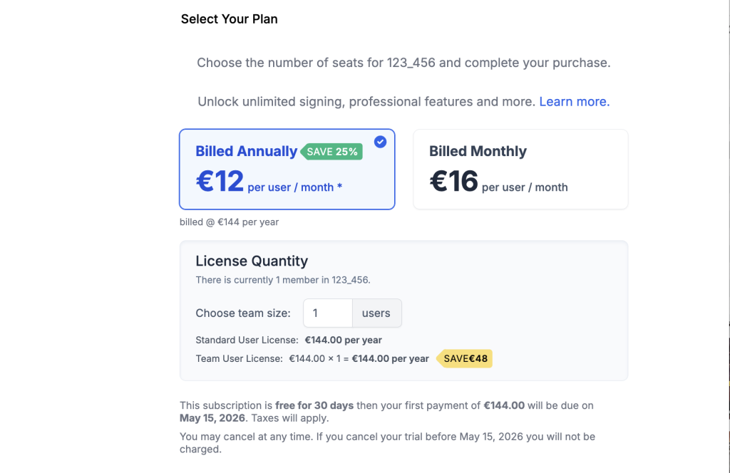 Screenshot: The step to choose the number of seats and complete the purchase of your plan.