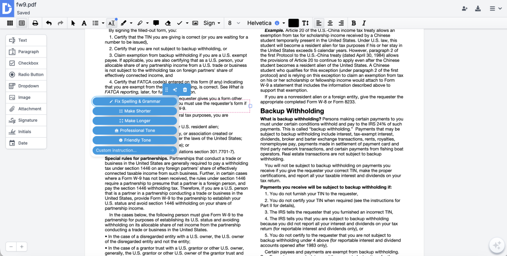 While using the Edit Text tool, use the AI text actions to fix spelling and grammar errors, make the text shorter or longer, change the tone, or provide your custom instructions.