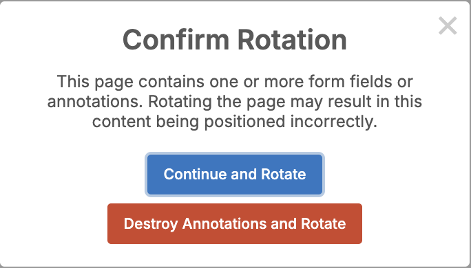 A screenshot of DocHub confirmation dialog warning that rotating a page with form fields or annotations may affect their placement, with options to continue or remove annotations.