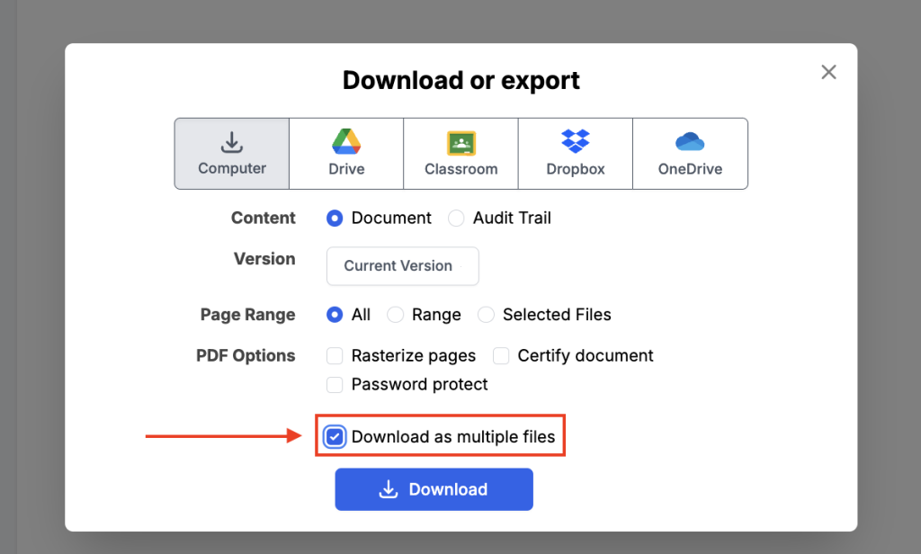 A screenshot of DocHub's Download or Export window with the “Download as multiple files” option selected for saving separate PDF files.