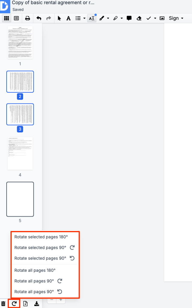 A screenshot of the DocHub interface showing a PDF with incorrectly oriented pages. Pages 2 and 3 are selected, and the rotation menu is open, displaying options to rotate either the selected pages or all pages.