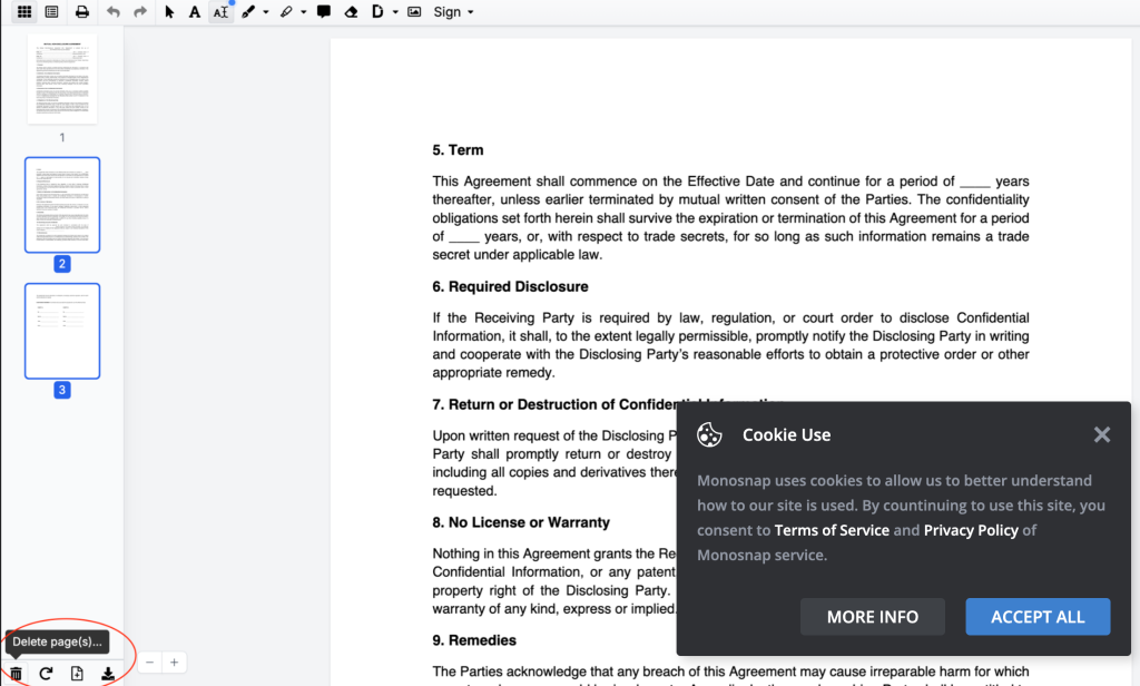 A screenshot of DocHub's editing interface highlighting the "Delete page(s)..." feature with a tooltip above a trash icon in the bottom-left corner. The interface displays a legal document titled "Mutual Non-Disclosure Agreement" with page thumbnails on the left sidebar.