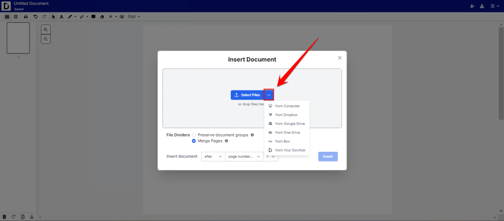 Screenshot of DocHub's "Insert Document" interface, highlighting the "Select Files" button and dropdown menu for importing files from various sources like Google Drive, Dropbox, and local storage. The modal includes options for merging pages and placement settings.