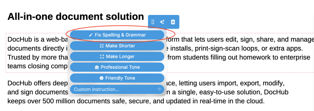 Use Fix Spelling & Grammar option to automatically find and correct any mistakes in the selected area.