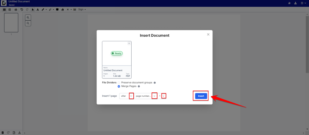 Screenshot of DocHub's "Insert Document" interface showing a modal window with options to insert a one-page PDF. The interface highlights settings for merging pages and selecting the insertion point, with a red arrow pointing to the "Insert" button.