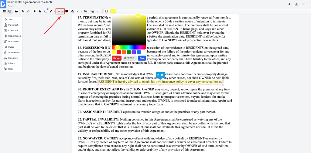 DocHub’s interface with the highlight tool selected. A color picker popup is open, showing highlight color options, while a sentence in the document is highlighted in yellow. 