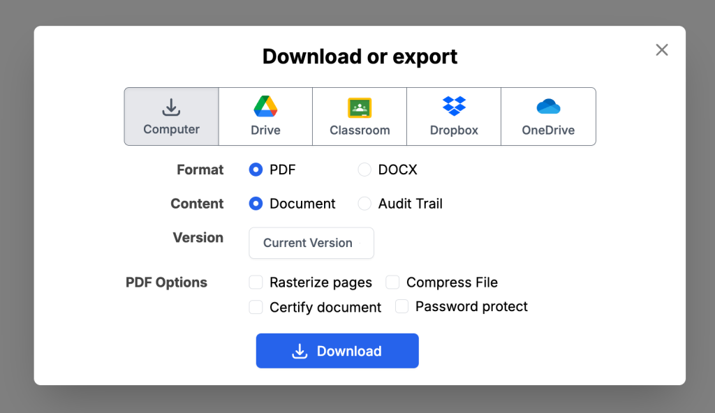 “Download or export” dialog window in DocHub showing export destinations including Computer, Google Drive, Google Classroom, Dropbox, and OneDrive. Users can choose PDF or DOCX format, select document content, and enable options like compression or password protection before downloading. 
