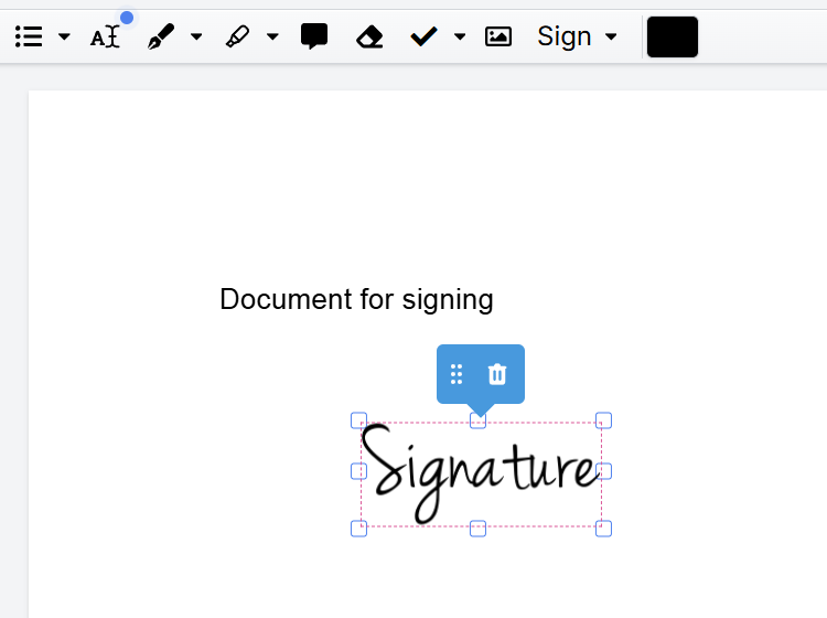 DocHub document editor displaying a placed electronic signature on a document, with resize handles and editing controls visible for adjusting or removing the signature.