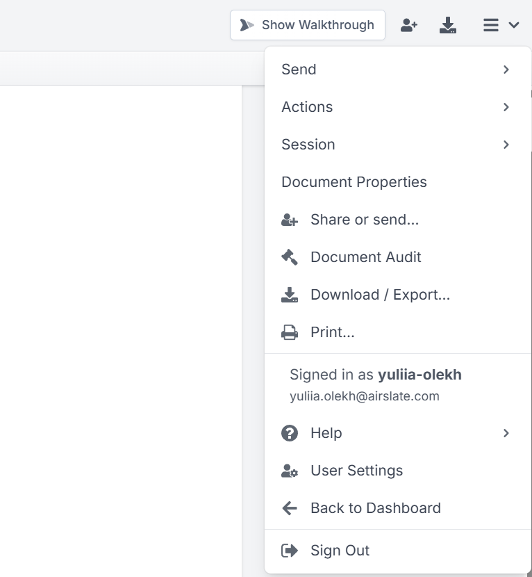 DocHub's document menu displays options for sharing, auditing, downloading, exporting, printing, managing document sessions, and accessing user settings after completing a document.