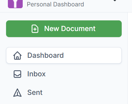 Screenshot of the DocHub sidebar navigation showing a green “New Document” button above menu items for Dashboard, Inbox, and Sent documents.