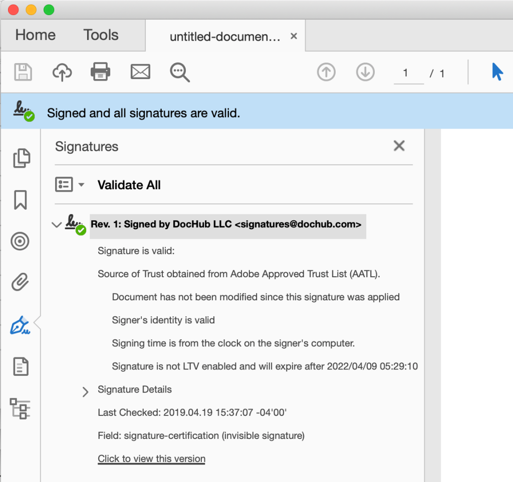 A screenshot displaying the PDF signature validation details for a document signed with DocHub, confirming the signature is certified, the signer's identity is verified, and the document remains unaltered.