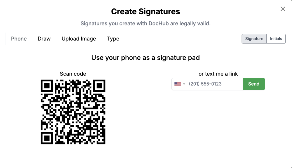 Screenshot of the DocHub signature creation window showing options to create a legally valid signature using a phone, drawing tool, image upload, or typed signature.