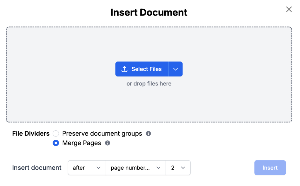Screenshot of the Insert Document dialog in DocHub showing file upload options and controls to insert a document after a selected page.