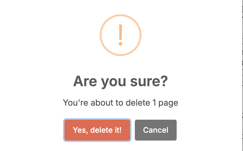 Screenshot of a confirmation dialog in DocHub warning that one PDF page is about to be deleted, with options to confirm deletion or cancel.