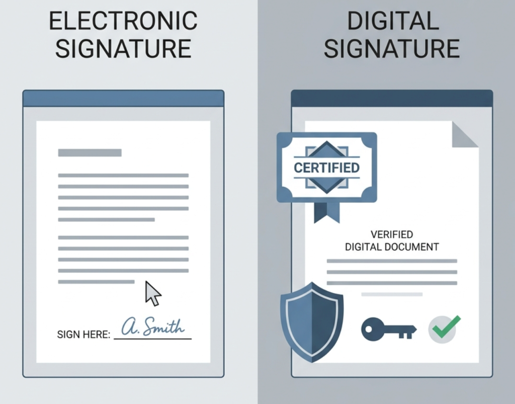 A side-by-side illustration comparing an electronic signature on a document with a digitally signed document featuring certificate, security, and verification icons.