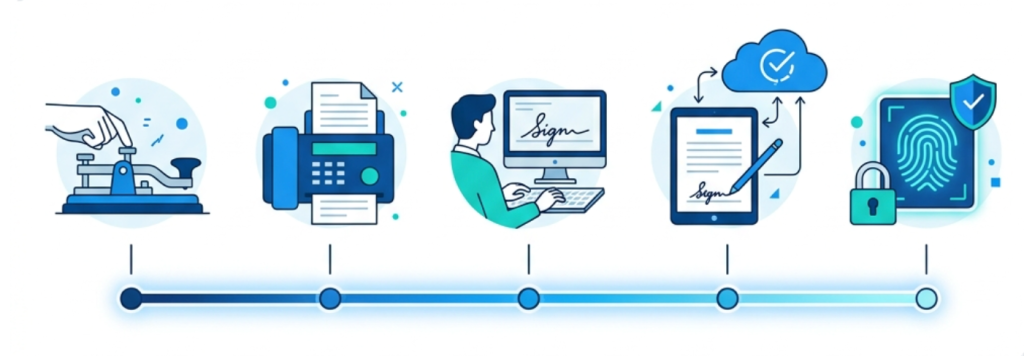 Timeline illustration showing the evolution of electronic signatures from telegraph and fax machines to desktop signing, cloud-based tablet signatures, and biometric identity verification.