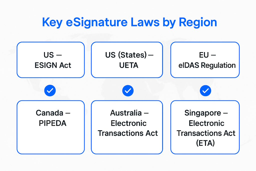 Infographic showing key eSignature laws by region, including the ESIGN Act, UETA, eIDAS, PIPEDA, and Electronic Transactions Acts in Australia and Singapore.