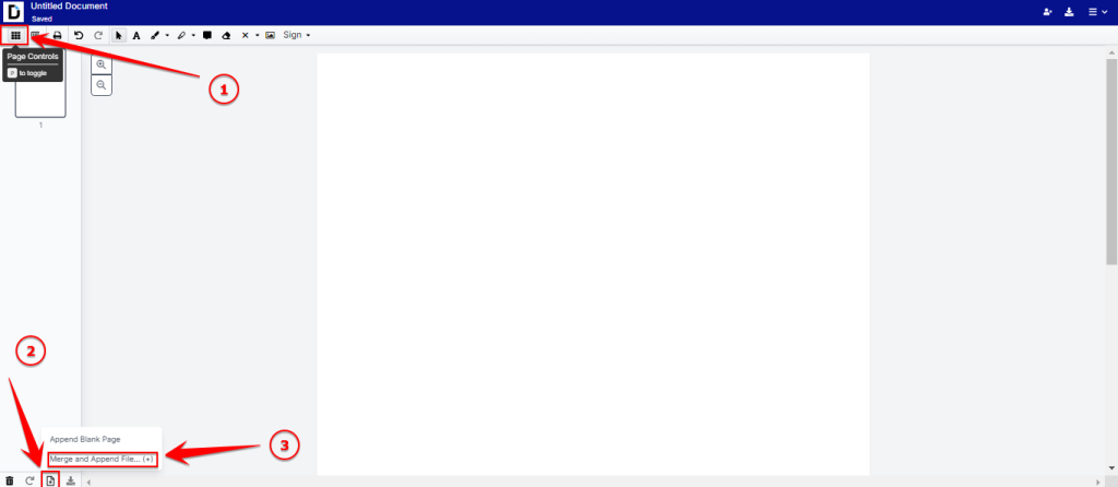DocHub editor screenshot showing how to merge documents using page controls. Red arrows and numbered markers highlight the Page Controls menu.